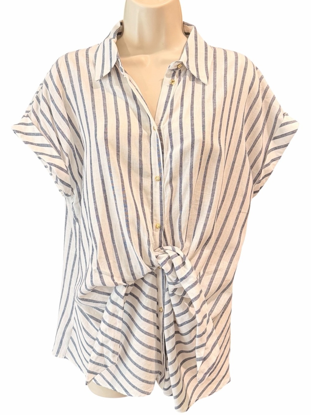 Zara Women’s Blue & White Striped Button-Front Tie Blouse Medium